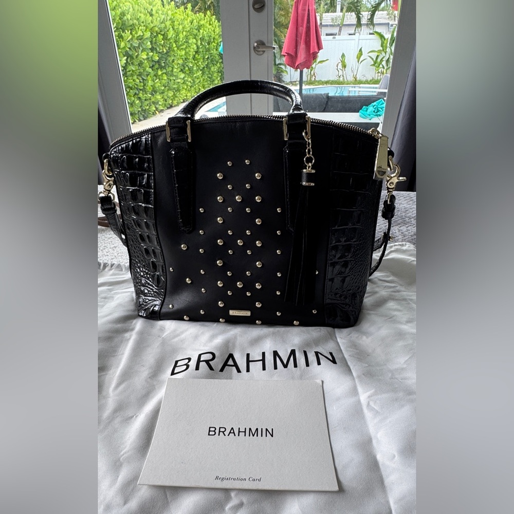 Brahmin Black Studded Shoulder Bag with Glossy Accents